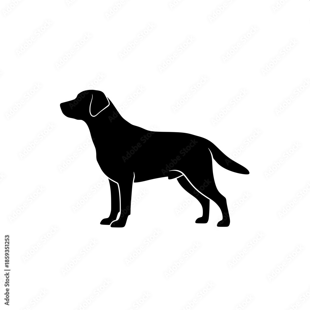 Fototapeta premium “Solid black vector silhouette of a standing Labrador dog, profile view, white background, logo-ready design.”