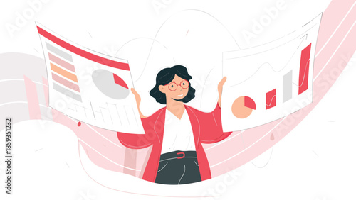 Flat digital artwork of a data driven professional woman holding charts and graphs