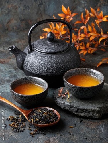 Two cups of warm tea rest on a stone surface beside a wooden spoon filled with black tea leaves. A pot sits nearby with orange leaves in the background