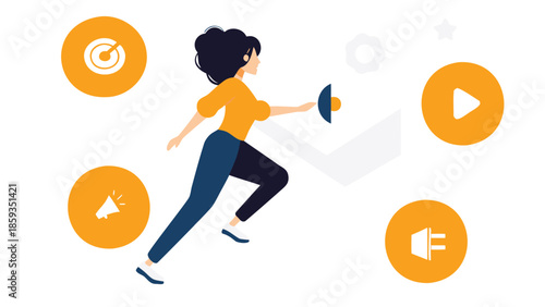 Flat digital illustration of empowered woman moving forward with dynamic icons for business growth and success
