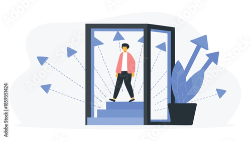 Flat digital illustration of a person stepping through an open doorway with arrows pointing upwards and a potted plant beside it, symbolizing