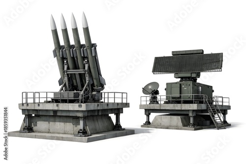 Fixed Ground-Based Air Defense Missile Installation on White Background – 3D Illustration