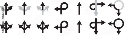 Navigation road arrows set with turning, straight and crossroad directions on Transparent background. turning, straight, and location point marks for driving route. Road navigation arrows. Traffic rou
