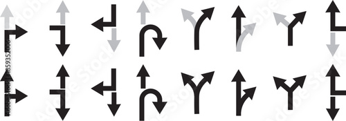 Navigation road arrows set with turning, straight and crossroad directions on Transparent background. turning, straight, and location point marks for driving route. Road navigation arrows. Traffic rou