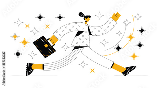 Flat vector artwork of a happy businesswoman running with briefcase surrounded by sparkling stars symbolizing fast corporate success