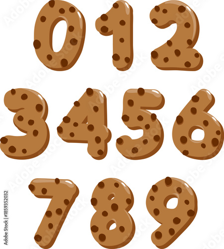 Chocolate chip cookie numbers on white background. Pastry shop sweet candy biscuit lettering, tasty bakery hand drawn font. Vector illustration