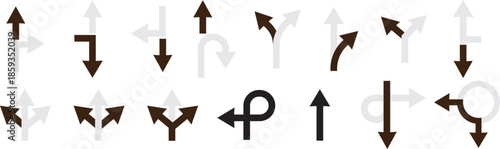 Navigation road arrows set with turning, straight and crossroad directions on Transparent background. turning, straight, and location point marks for driving route. Road navigation arrows. Traffic rou