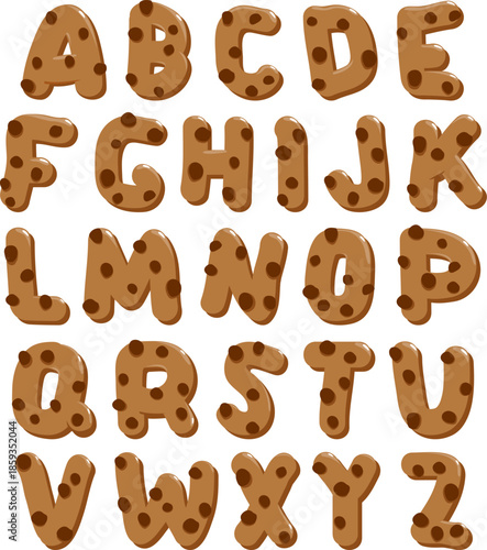 Chocolate chip cookie alphabet. Pastry shop sweet candy biscuit lettering, tasty bakery hand drawn font. Vector illustration