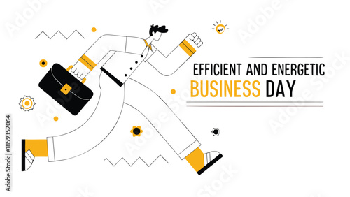 Flat vector illustration of a professional man running efficiently with briefcase in hand on a busy business day with energetic vibe