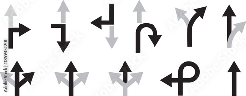 Navigation road arrows set with turning, straight and crossroad directions on Transparent background. turning, straight, and location point marks for driving route. Road navigation arrows. Traffic rou