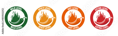 Spicy food level badges with chili pepper icons from mild to extra hot. Bold circular labels indicating heat intensity