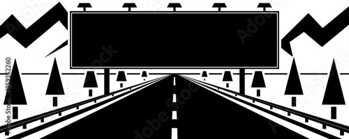Road perspective illustration with empty highway leading to large roadside billboard. Minimal black and white vector scene with trees and mountains