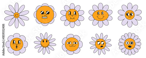 Cute daisy flower characters with expressive cartoon faces. Playful illustrated flowers showing different emotions and moods