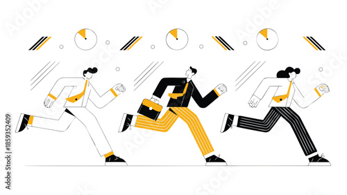 Three business professionals running in a flat vector illustration with clocks and speed lines