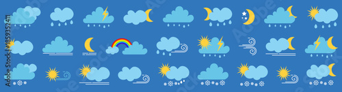 Weather icon collection showing rain sun wind storm and snow. Flat colorful symbols for forecast and climate interfaces
