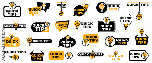 Quick tips labels with light bulb icons. Informational badges for advice hints and highlights