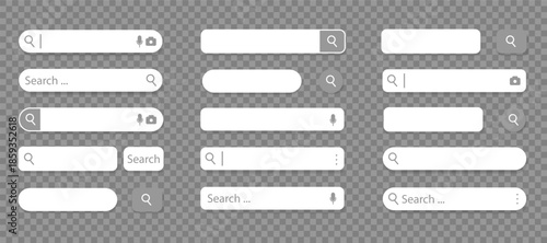 Search bar interface elements with icons buttons and input fields. Minimal UI components for web and mobile applications