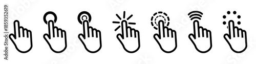 Hand click gesture icons showing touch interactions. User interface symbols for tap press and control actions