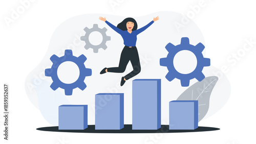 High end flat illustration of digital optimism, woman jumping over bar graph with gears, symbolizing growth and success in business