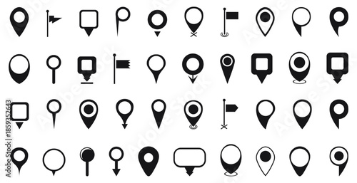 Map pin icons collection with location markers. Navigation symbols for maps travel and positioning interfaces