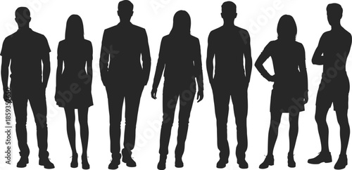Silhouettes of seven diverse people standing side by side in casual and formal poses, symbolizing teamwork, community, lifestyle diversity and interaction