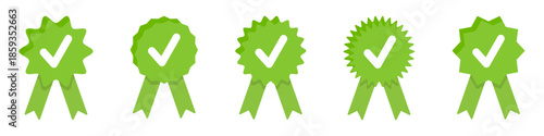Green approval badges with checkmark symbols. Verification graphics for quality confirmation and trust labels