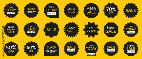 Sale and discount badges set on bright background. Promotional marketing stickers for shopping events and campaigns