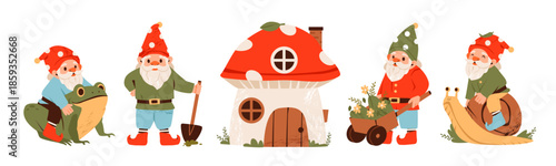 Garden gnomes with a frog, snail, tools, and a mushroom house. Cute fairy tale characters. Garden elf. Cartoon flat vector illustration.