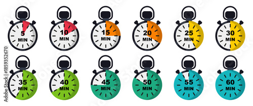 Stopwatch timers showing different minute intervals. Time management icons for productivity and scheduling