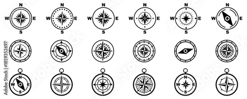 Compass rose icon collection with navigation symbols and cardinal directions. Monochrome vector style suitable for maps travel and orientation themes