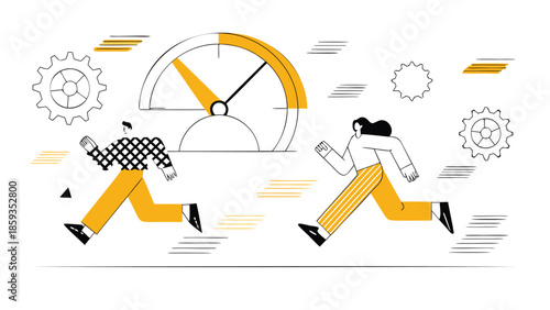 Minimal business illustration showing speed and progress with two people running towards a speedometer with gears, representing efficiency