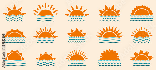 Sun over sea icons set with horizon waves. Minimal summer symbols for weather travel and vacation
