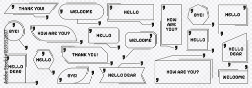 Outline speech bubbles with simple text examples. Communication frames for dialogue messages and quotes