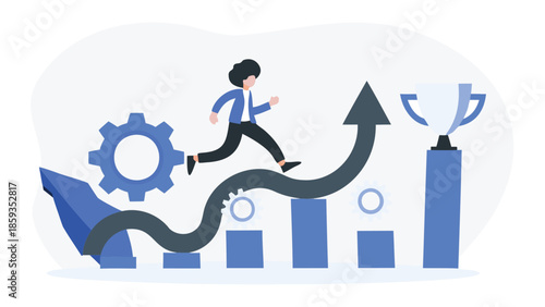 A businessman runs up a graph with an arrow pointing upwards and a trophy on top, symbolizing success and progress in business growth
