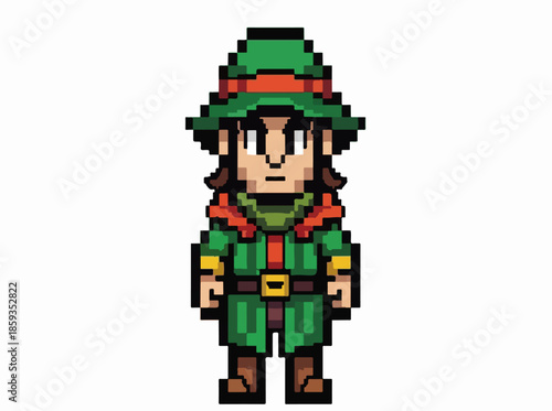 Isolated Pixel Art Fantasy Game Character Illustration in Green Outfit
