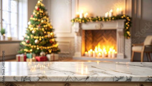 A close-up shot of a marble table top with a blurred background of a fireplace with candles, a Christmas tree and strings of twinkling lights, and a window. High quality