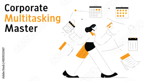 Businesswoman multitasking with calendar, phone, and documents in modern flat vector style for corporate and productivity concepts