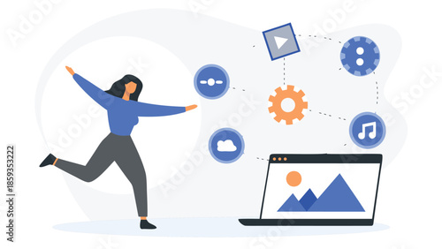 Minimalist technology themed illustration of a woman interacting with digital icons and a laptop computer