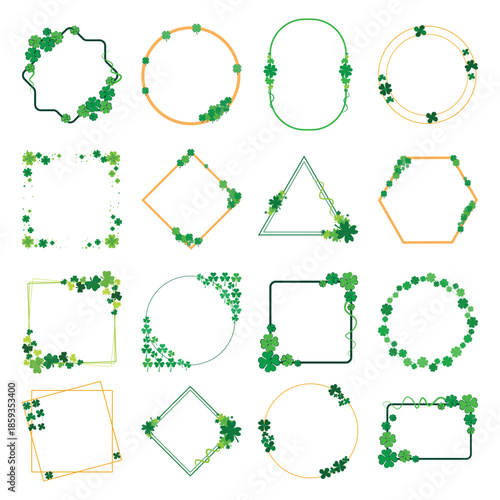 St. Patrick's Day Geometric Frame Set. Vector Minimalist Polygon Borders with Green Shamrocks for Elegant Wedding or Party Invitation.