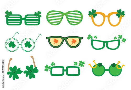 St. Patrick's Day Party Glasses Set. Vector Funny Green Eyewear Collection with Shamrocks and Shutter Shades for Photo Booth Props.