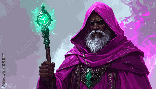 Mystical Wizard with Glowing Staff in Purple Robes.