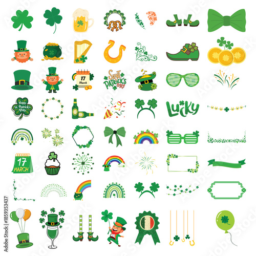 St. Patrick's Day Mega Element Bundle. Huge Vector Collection of Leprechaun, Shamrock, Beer, Gold and Party Accessories for Holiday Design.