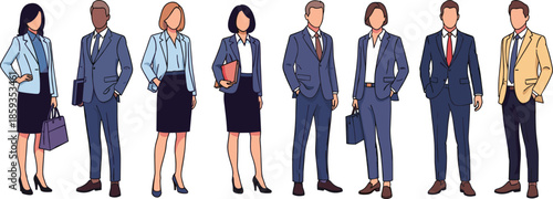 Business professionals illustration, corporate attire, office team, diverse workforce, career people, formal clothing, business meeting concept, professional group, workplace culture
