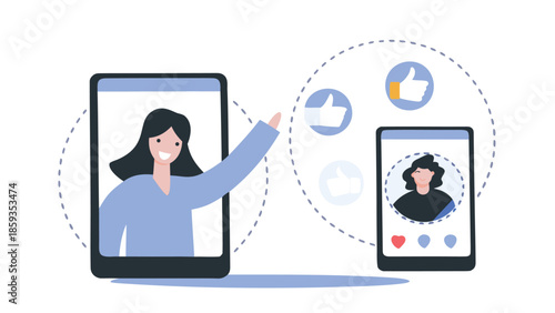 Modern flat digital art showing positive social media interaction between two mobile devices and users