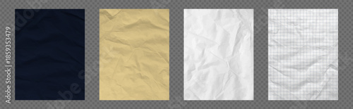 Set of paper backgrounds black beige and white with blue grid pattern and crumpled texture. Realistic notebook design for craft, scrapbook or school education collage with soft fold details bg. Vector