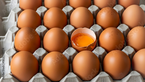 A dozen brown eggs in a carton with one cracked open revealing yolk inside viewed from directly above
