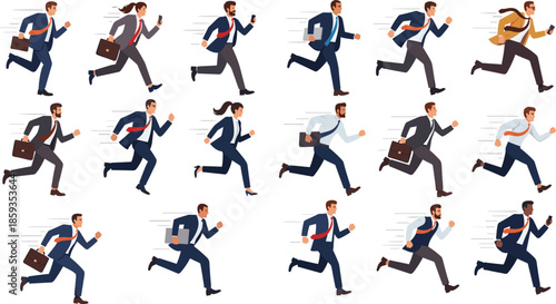 Businesspeople running illustration, corporate urgency, office rush, deadline pressure, fast paced work, professional attire, 