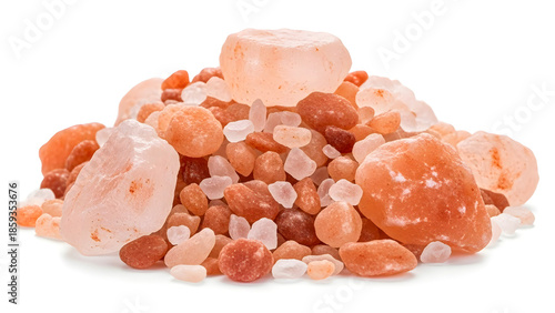 A pile of Himalayan salt crystals and chunks in various shades of pink and orange, viewed from the front on a clean surface, referencing 1210_202.JPG