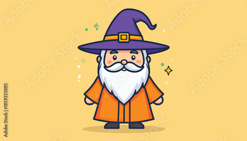 Cartoon Wizard with Purple Hat and Orange Robe Illustration.