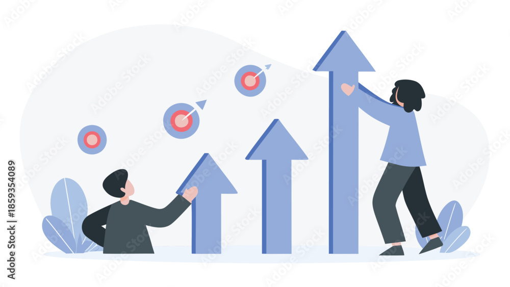 Fototapeta premium Two people pushing large blue arrows upwards together, teamwork and growth concept, modern flat illustration style, success and progress theme